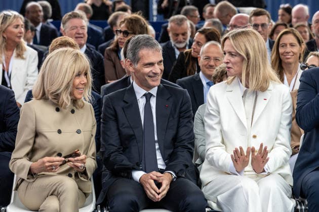 Christening of CMA CGM Notre Dame - Le Havre L-R : Brigitte Macron, Rodolphe Saade and Delphine Arnault seen during the christening ceremony of the container ship CMA CGM NOTRE DAME, propelled by liquefied natural gas, at Le Havre port, France on July 2, 2026. Photo by Ammar Abd Rabbo ABACAPRESS.COM Le Havre France  Copyright: xAbdxRabboxAmmar ABACAx