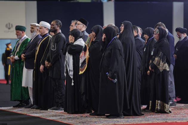 July 3, 2026, Tehran, Iran: Local and foreign officials walk past the coffins of Iran s slain supreme leader Ali Khamenei and his family members after paying their respects at the Grand Mosalla in Tehran on July 3, 2026. The body of Iran s supreme leader, killed in US-Israeli strikes that triggered the Middle East war, arrived at Tehran s Grand Mosalla on July 3 ahead of his funeral, state media reported. Millions of people and a coterie of foreign dignitaries were expected to attend Saturday s official ceremony for Ali Khamenei, with Tehran s chief negotiator calling for a massive turnout to avenge his death. Tehran Iran - ZUMAi98_ 20260703_zih_i98_055 Copyright: xIranianxSupremexLeader SxOfficex