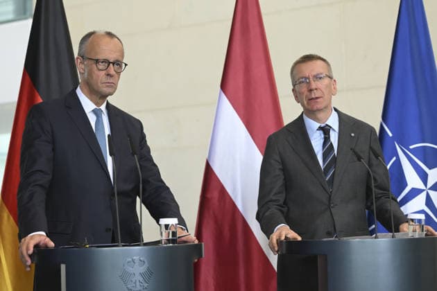 Friedrich Merz meets with Baltic Leaders in Berlin BERLIN, GERMANY - JULY 03: Estonian Prime Minister Kristen Michal, Lithuanian Prime Minister Gitanas Nauseda, German Chancellor Friedrich Merz and Latvian Prime Minister Edgars Rinkevics, attend a joint press conference following talks at the Chancellery on July 3, 2026 in Berlin, Germany. Halil Sagirkaya Anadolu Berlin Germany. Editorial use only. Please get in touch for any other usage.  Copyright: x2026xAnadoluxHalilxSagirkayax
