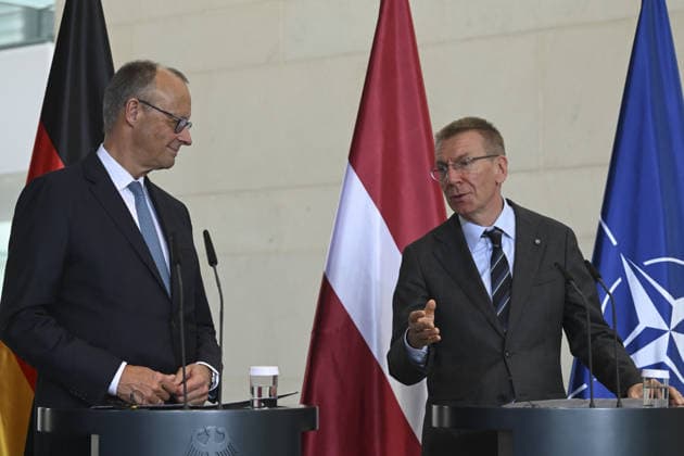 Friedrich Merz meets with Baltic Leaders in Berlin BERLIN, GERMANY - JULY 03: Estonian Prime Minister Kristen Michal, Lithuanian Prime Minister Gitanas Nauseda, German Chancellor Friedrich Merz and Latvian Prime Minister Edgars Rinkevics, attend a joint press conference following talks at the Chancellery on July 3, 2026 in Berlin, Germany. Halil Sagirkaya Anadolu Berlin Germany. Editorial use only. Please get in touch for any other usage.  Copyright: x2026xAnadoluxHalilxSagirkayax
