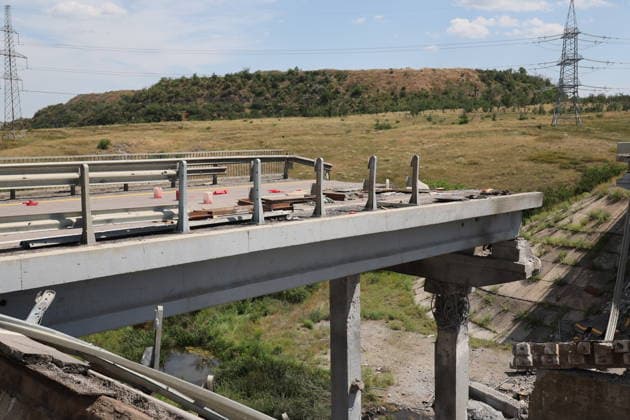 RUSSIA, DONETSK PEOPLE S REPUBLIC - JULY 3, 2026: A view of a bridge destroyed in a Ukrainian drone attack on a motorway between Donetsk and Mariupol. Dmitry Yagodkin TASS  94613356
