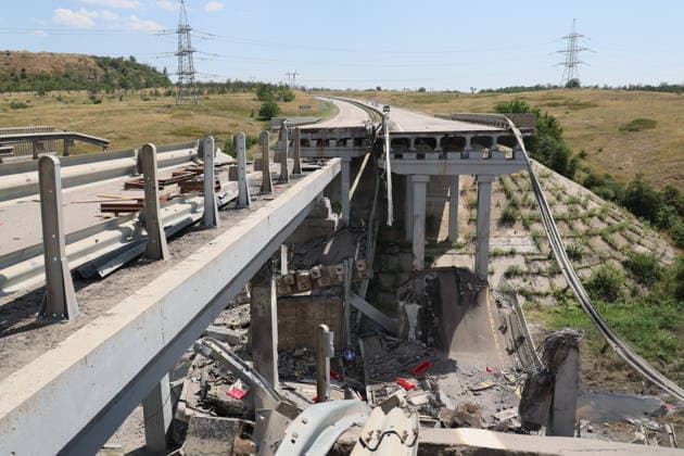 RUSSIA, DONETSK PEOPLE S REPUBLIC - JULY 3, 2026: A view of a bridge destroyed in a Ukrainian drone attack on a motorway between Donetsk and Mariupol. Dmitry Yagodkin TASS  94613360