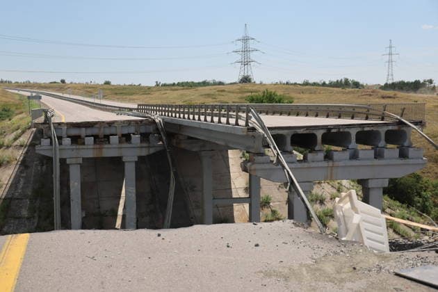 RUSSIA, DONETSK PEOPLE S REPUBLIC - JULY 3, 2026: A view of a bridge destroyed in a Ukrainian drone attack on a motorway between Donetsk and Mariupol. Dmitry Yagodkin TASS  94613368