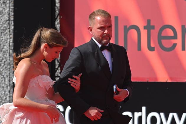 Czech moderator Libor Boucek, right, and his wife Gabriela Bouckova arrive at the opening of the 60th Karlovy Vary International Film Festival, on June 3, 2026, in Karlovy Vary, Czech Republic. (CTKxPhoto SlavomirxKubes) CTKPhotoP2026070306425  CTKPhotoP2026070306425