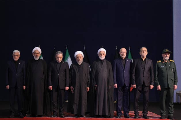 Iranian Parliament Speaker and chief negotiator Mohammad Bagher Ghalibaf (3-R) and Iranian President Masoud Pezeshkian (2-R ) attend the reception for foreign and domestic officials offering condolences at the funeral of the late Supreme Leader Ayatollah Ali Khamenei and his family at Tehran s Grand Imam Khomeini Mosque on Friday, July 3, 2026. Khamenei and his relatives were assassinated on February 28 in U.S.-Israeli airstrikes at the outset of the war, ending his 36-year rule. A six-day state funeral across multiple cities will conclude with his burial on July 9 in his hometown of Mashhad. Iran has suspended negotiations with the U.S. delegation until the funeral concludes. photo by Iranian Presidency  IRN2026070317 IranianxPresidency