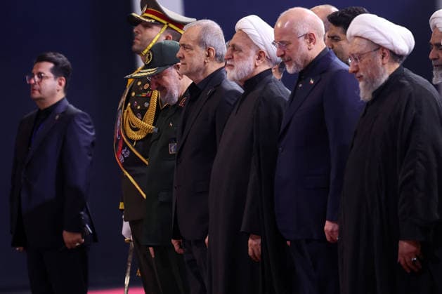 Iranian Parliament Speaker and chief negotiator Mohammad Bagher Ghalibaf (2-R) and Iranian President Masoud Pezeshkian (C ) attend the reception for foreign and domestic officials offering condolences at the funeral of the late Supreme Leader Ayatollah Ali Khamenei and his family at Tehran s Grand Imam Khomeini Mosque on Friday, July 3, 2026. Khamenei and his relatives were assassinated on February 28 in U.S.-Israeli airstrikes at the outset of the war, ending his 36-year rule. A six-day state funeral across multiple cities will conclude with his burial on July 9 in his hometown of Mashhad. Iran has suspended negotiations with the U.S. delegation until the funeral concludes. photo by Iranian Presidency  IRN2026070318 IranianxPresidency