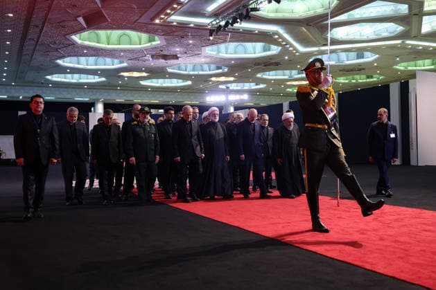 Iranian President Masoud Pezeshkian (C) received foreign and domestic officials offering condolences before the coffins of the late Supreme Leader Ayatollah Ali Khamenei and members of his family at Tehran s Imam Khomeini Grand Mosque on Friday, July 3, 2026. Khamenei and his relatives were assassinated on February 28 in U.S.-Israeli airstrikes at the outset of the war, ending his 36-year rule. A six-day state funeral across multiple cities will conclude with his burial on July 9 in his hometown of Mashhad. Iran has suspended negotiations with the U.S. delegation until the funeral concludes. photo by Iranian Presidency  IRN2026070320 IranianxPresidency