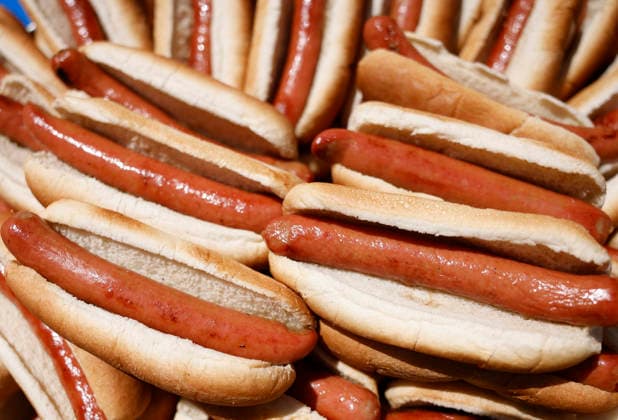 Hotdogs are on display at the 110th Nathan s Famous Fourth of July International Hot Dog Eating Contest weigh-in ceremony at Hudson Yards on Friday, July 3, 2026 in New York City.  NYP202607032005 JOHNxANGELILLO