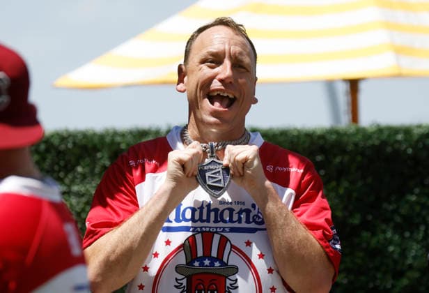 Past champion Jay Chestnut is introduced at the 110th Nathan s Famous Fourth of July International Hot Dog Eating Contest weigh-in ceremony at Hudson Yards on Friday, July 3, 2026 in New York City.  NYP202607032006 JOHNxANGELILLO