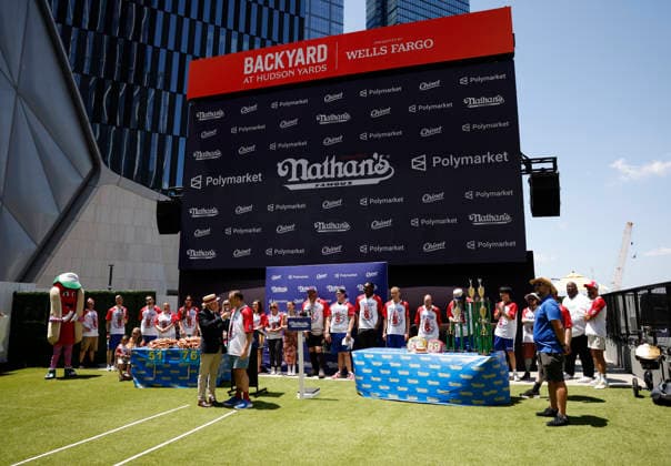 Competitors attend the 110th Nathan s Famous Fourth of July International Hot Dog Eating Contest weigh-in ceremony at Hudson Yards on Friday, July 3, 2026 in New York City.  NYP202607032008 JOHNxANGELILLO