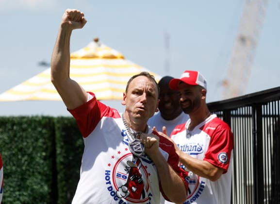 Past champion Jay Chestnut is introduced at the 110th Nathan s Famous Fourth of July International Hot Dog Eating Contest weigh-in ceremony at Hudson Yards on Friday, July 3, 2026 in New York City.  NYP202607032012 JOHNxANGELILLO