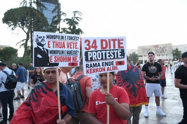 Protests continue over Zvernec tourism project in Albania TIRANA, ALBANIA - JULY 3: Protesters gather at Skanderbeg Square before marching to the Prime Minister s Office during the 34th day of demonstrations against a planned tourism project in the Zvernec area of Vlora, in Tirana, Albania, on July 3, 2026. Olsi Shehu Anadolu Tirana Albania. Editorial use only. Please get in touch for any other usage.  Copyright: x2026xAnadoluxOlsixShehux