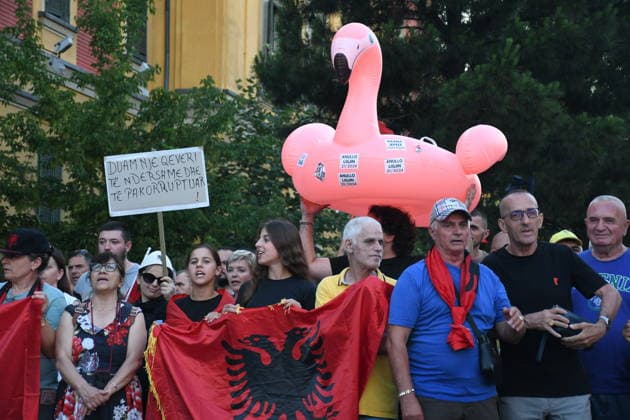 Protests continue over Zvernec tourism project in Albania TIRANA, ALBANIA - JULY 3: Protesters gather at Skanderbeg Square before marching to the Prime Minister s Office during the 34th day of demonstrations against a planned tourism project in the Zvernec area of Vlora, in Tirana, Albania, on July 3, 2026. Olsi Shehu Anadolu Tirana Albania. Editorial use only. Please get in touch for any other usage.  Copyright: x2026xAnadoluxOlsixShehux