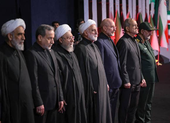State funeral held for Iran s former leader Khamenei after US-Israeli attack TEHRAN, IRAN - JULY 3: ( RESTRICTIONS: NO Access Israel Media Persian Language TV Stations Outside Iran Strictly No Access BBC Persian VOA Persian Manoto TV Iran International TV ) (----EDITORIAL USE ONLY - MANDATORY CREDIT - IRANIAN LEADER PRESS OFFICE HANDOUT - NO MARKETING NO ADVERTISING CAMPAIGNS - DISTRIBUTED AS A SERVICE TO CLIENTS----) Iranian Foreign Minister Abbas Araghchi (2nd L), Expediency Discernment Council Chairman Sadeq Larijani (3rd L), Iranian Judiciary Chief Gholam-Hossein Mohseni-Eje i (4th R), Iranian Parliament Speaker Mohammad Bagher Ghalibaf (3rd R), Iranian President Masoud Pezeshkian (2nd R) and Expediency Discernment Council member M  Copyright: x2026xAnadoluxIranianxLeaderxPressxOffice Handoutx