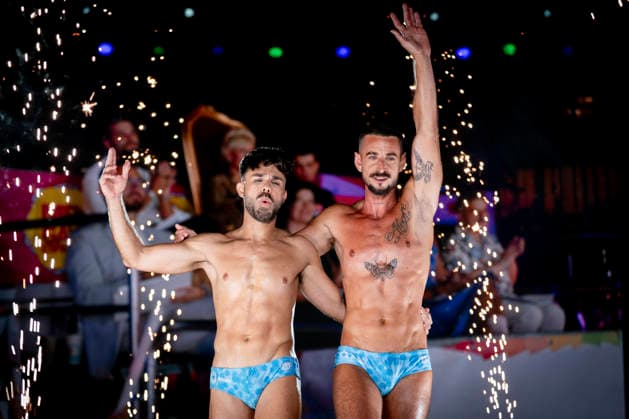 Celebration of the 19th Mr. Gay Spain Gala at MADO: Cristian Alegre and Víctor Manuel during the pageant and musical show for the 19th Mr. Gay Spain Gala, on July 3, 2026, in Madrid, Spain. The event, one of the central and most popular highlights of the capital’s official LGBTIQ Pride festival program, takes place on the main stage in Plaza de Espana to select the new national representative, combining the visibility of the community, the candidates’ stories of overcoming adversity, and live artistic performances. A Pé MADRID Spain MADRID Spain Spain  Copyright: xA.xPÃ rezxMecax 7642744