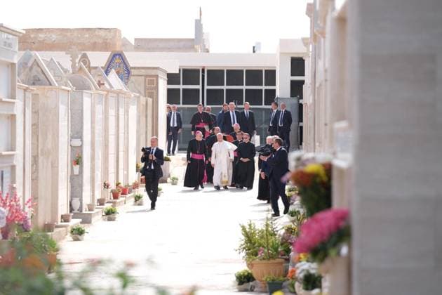 July 4, 2026, Lampedusa: An handout picture provided by Arcidiocesi di Agrigento shows Pope Leo XIV in the Lampedusa s cemetery during his pastoral visit on island in the south of Italy, 4 July 2026 ANSA Arcidiocesi di Agrigento press office handout +++ ANSA PROVIDES ACCESS TO THIS HANDOUT PHOTO TO BE USED SOLELY TO ILLUSTRATE NEWS REPORTING OR COMMENTARY ON THE FACTS OR EVENTS DEPICTED IN THIS IMAGE - NO ARCHIVING - NO LICENSING - NPK Lampedusa  - ZUMAa110 20260704_zaf_a110_011 Copyright: xArcidiocesixDixAgrigentox