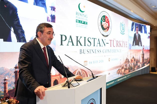 Turkiye-Pakistan Business conference held in Istanbul ISTANBUL, TURKIYE - JULY 04: Turkish Vice President Cevdet Yilmaz delivers speech during the Turkiye-Pakistan Business Conference in Istanbul, Turkiye, on July 4, 2026. The forum brings together officials and business representatives from both countries. Ahmet Okur Anadolu Istanbul Turkey. Editorial use only. Please get in touch for any other usage.  Copyright: x2026xAnadoluxAhmetxOkurx