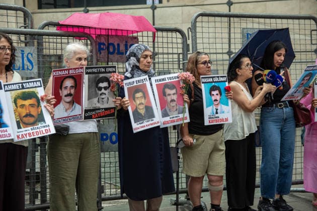 July 4, 2026, Istanbul, Istanbul, Turkey: Members of the Saturday Mothers and the Human Rights Association s Commission Against Enforced Disappearances hold the 1110th weekly vigil at Galatasaray Square in Istanbul, Turkey, on July 4, 2026. During the gathering, participants demanded justice for Hasan Gulunay, who disappeared after allegedly being detained in 1992, marking the 34th anniversary of his disappearance. Protesters called for an effective investigation, disclosure of his fate, and accountability for those responsible, while reiterating demands for justice for all victims of enforced disappearance in Turkey. Istanbul Turkey  - ZUMAt171 20260704_zip_t171_001 Copyright: xAbdullahxTepelix