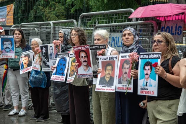 July 4, 2026, Istanbul, Istanbul, Turkey: Members of the Saturday Mothers and the Human Rights Association s Commission Against Enforced Disappearances hold the 1110th weekly vigil at Galatasaray Square in Istanbul, Turkey, on July 4, 2026. During the gathering, participants demanded justice for Hasan Gulunay, who disappeared after allegedly being detained in 1992, marking the 34th anniversary of his disappearance. Protesters called for an effective investigation, disclosure of his fate, and accountability for those responsible, while reiterating demands for justice for all victims of enforced disappearance in Turkey. Istanbul Turkey  - ZUMAt171 20260704_zip_t171_004 Copyright: xAbdullahxTepelix