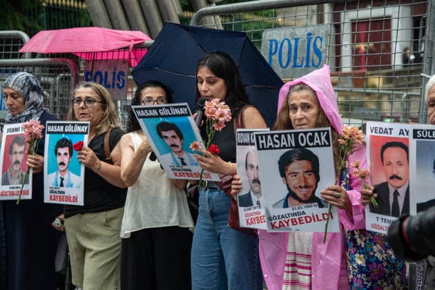 July 4, 2026, Istanbul, Istanbul, Turkey: Members of the Saturday Mothers and the Human Rights Association s Commission Against Enforced Disappearances hold the 1110th weekly vigil at Galatasaray Square in Istanbul, Turkey, on July 4, 2026. During the gathering, participants demanded justice for Hasan Gulunay, who disappeared after allegedly being detained in 1992, marking the 34th anniversary of his disappearance. Protesters called for an effective investigation, disclosure of his fate, and accountability for those responsible, while reiterating demands for justice for all victims of enforced disappearance in Turkey. Istanbul Turkey - ZUMAt171 20260704_zip_t171_005 Copyright: xAbdullahxTepelix