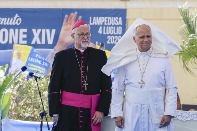 Pope Leo XIV visits the Southern Italian island of Lampedusa LAMPEDUSA, ITALY, JULY 04: Pope Leo XIV (R), flanked by Agrigento s Archbishop Monsignor Alessandro Damiano (L), greets the faithful gathered at the sports field before celebrating a mass on the occasion of his visit to Lampedusa, Italy, on July 04, 2026. Riccardo De Luca Anadolu Lampedusa Italy. Editorial use only. Please get in touch for any other usage.  Copyright: x2026xAnadoluxRiccardoxDexLucax