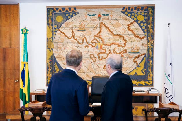 Johann Wadephul (CDU), Bundesaussenminister, trifft Mauro Vieira, Aussenminister der Foederativen Republik Brasilien zu einem Gespraech in Brasilia, 03.07.2026. Fotografiert im Auftrag des Auswaertigen Amtes (AA) Brasilia Brasilien *** Johann Wadephul (CDU), Federal Minister of Foreign Affairs, meets with Mauro Vieira, Minister of Foreign Affairs of the Federative Republic of Brazil, for talks in Brasília on July 3, 2026. Photographed on behalf of the Federal Foreign Office (AA) in Brasília, Brazil. Copyright: xFelixxZahnx