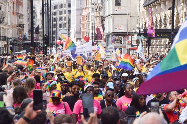 July 4, 2026, London, England, United Kingdom: Thousands of participants pass through Piccadilly during the Pride In London parade. London United Kingdom - ZUMAv130 20260704_zip_v130_012 Copyright: xVukxValcicx