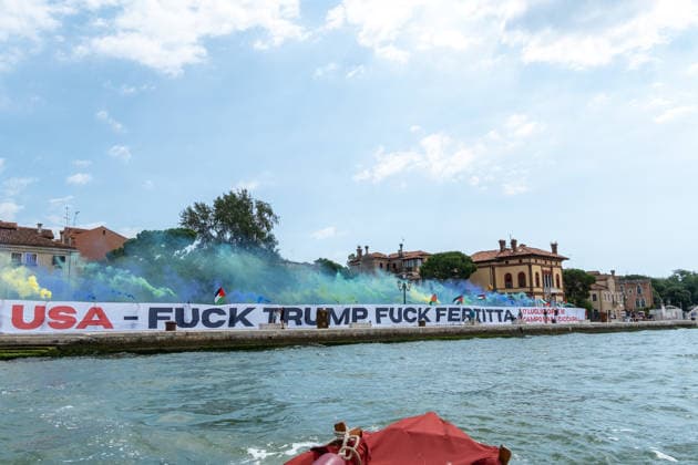 Reportage - Protest against U.S.A ambassador Tilman J. Fertitta and Donald Trump Protesters unfurl a banner against the arrival of U.S. Ambassador Tilman J. Fertitta, scheduled for July 17. Venice, Italy, 04 07 2026 during Protest against U.S.A ambassador Tilman J. Fertitta and Donald Trump, Reportage in Venice, Italy, July 04 2026 Venice Venice Biennale Italy Copyright: xLeonardoxGaravagliax xLiveMediax LPN_2549182
