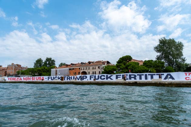 Reportage - Protest against U.S.A ambassador Tilman J. Fertitta and Donald Trump Protesters unfurl a banner against the arrival of U.S. Ambassador Tilman J. Fertitta, scheduled for July 17. Venice, Italy, 04 07 2026 during Protest against U.S.A ambassador Tilman J. Fertitta and Donald Trump, Reportage in Venice, Italy, July 04 2026 Venice Venice Biennale Italy Copyright: xLeonardoxGaravagliax xLiveMediax LPN_2549201