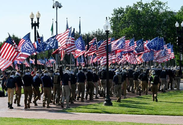 Members of the Patriot Front attend America s 250th anniversary in Washington, DC Members of the Patriot Front, an American white supremacist group, assemble outside Union Station to celebrate America s 250th anniversary on July 4, 2026 in Washington, DC.. Photo by Olivier Douliery ABACAPRESS.COM Washington DC United States  Copyright: xDoulieryxOlivier ABACAx