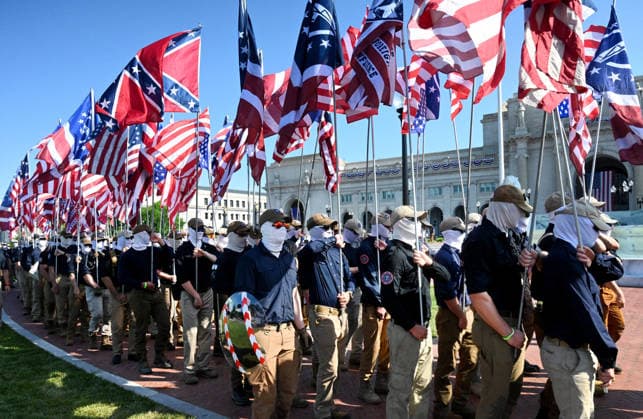 Members of the Patriot Front attend America s 250th anniversary in Washington, DC Members of the Patriot Front, an American white supremacist group, assemble outside Union Station to celebrate America s 250th anniversary on July 4, 2026 in Washington, DC.. Photo by Olivier Douliery ABACAPRESS.COM Washington DC United States  Copyright: xDoulieryxOlivier ABACAx