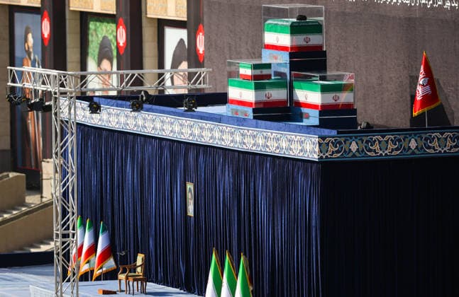 Farewell ceremony for Iran s former leader Khamenei in Tehran TEHRAN, IRAN - JULY 4: ( RESTRICTIONS: NO Access Israel Media Persian Language TV Stations Outside Iran Strictly No Access BBC Persian VOA Persian Manoto TV Iran International TV ) (----EDITORIAL USE ONLY - MANDATORY CREDIT - IRANIAN LEADER PRESS OFFICE HANDOUT - NO MARKETING NO ADVERTISING CAMPAIGNS - DISTRIBUTED AS A SERVICE TO CLIENTS----) A view of the coffins of former Iranian leader Ali Khamenei and others during a farewell ceremony held for Khamenei, who was killed in the US-Israeli attacks, at Imam Khomeini Musalla Mosque in Tehran, Iran, on July 4, 2026. Iranian Leader Press Office Handout Anadolu Tehran Iran. Editorial use only. Please get in touch for any other u  Copyright: x2026xAnadoluxIranianxLeaderxPressxOffice Handoutx