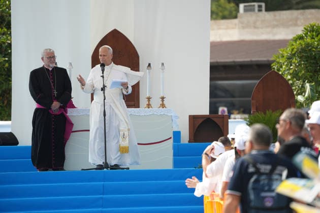 Pope Leo XIV visits the Southern Italian island of Lampedusa LAMPEDUSA, ITALY - JULY 04: Pope Leo XIV is seen during the homily as part of his visit to Lampedusa, Italy, on July 04, 2026. Pope Leo XIV arrived in Lampedusa to rise attention to the migrant issue and the unique position of the island on this matter. During his visit he met with a group of migrants, accompanied by the Red Cross at Favaloro Pier, inaugurating a new plaque with the new name of the Pier dedicated to Pope Francis. Later nearly 4000 people gathered in the sport field to attend the homily celebrated by the Pope. Valeria Ferraro Anadolu Lampedusa Italy. Editorial use only. Please get in touch for any other usage.  Copyright: x2026xAnadoluxValeriaxFerrarox