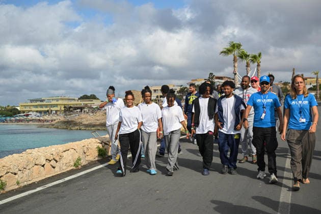 Pope Leo XIV visits the Southern Italian island of Lampedusa LAMPEDUSA, ITALY - JULY 04: Migrants arrive at the pier with the Red Cross on the occasion of Pope Leo XIV s visit to Lampedusa, Italy, on July 04, 2026. Pope Leo XIV arrived in Lampedusa to rise attention to the migrant issue and the unique position of the island on this matter. During his visit he met with a group of migrants, accompanied by the Red Cross at Favaloro Pier, inaugurating a new plaque with the new name of the Pier dedicated to Pope Francis. Later nearly 4000 people gathered in the sport field to attend the homily celebrated by the Pope. Valeria Ferraro Anadolu Lampedusa Italy. Editorial use only. Please get in touch for any other usage.  Copyright: x2026xAnadoluxValeriaxFerrarox