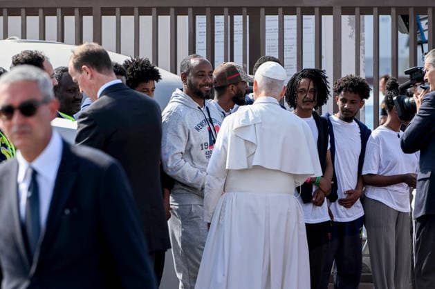 Pope Leo XIV visits the Southern Italian island of Lampedusa LAMPEDUSA, ITALY - JULY 04: Pope Leo XIV seen meeting migrants at Favaloro Pier on the occasion of his visit to Lampedusa, Italy, on July 04, 2026. Pope Leo XIV arrived in Lampedusa to rise attention to the migrant issue and the unique position of the island on this matter. During his visit he met with a group of migrants, accompanied by the Red Cross at Favaloro Pier, inaugurating a new plaque with the new name of the Pier dedicated to Pope Francis. Later nearly 4000 people gathered in the sport field to attend the homily celebrated by the Pope. Valeria Ferraro Anadolu Lampedusa Italy. Editorial use only. Please get in touch for any other usage.  Copyright: x2026xAnadoluxValeriaxFerrarox
