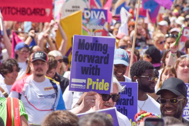 Pride In London Parade 2026 - 04 Jul 2026 A participant from the organisation Stonewall holds a placard stating Moving forward with Pride during the Pride In London parade. London United Kingdom Copyright: xVukxValcicx xSOPAxImagesx VukValcicPride2026_42
