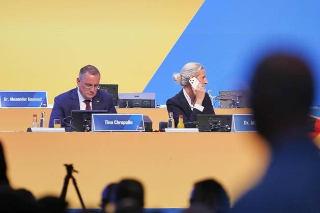 Erfurt, Thüringen, Deutschland, 04.07.2026: Messe: AfD-Bundesparteitag: Tino Chrupalla und Alice Weidel nach ihrer Wiederwahl als Parteichefs *** Erfurt, Thuringia, Germany, July 4, 2026: AfD National Party Convention—Tino Chrupalla and Alice Weidel after their reelection as party leaders Copyright: xdtsxNachrichtenagenturx dts_126374