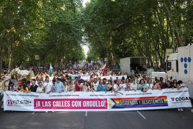 2026 National LGBTI Pride Parade in Madrid The lead float and main banner of the 2026 National LGBTI Pride Parade, on July 4, 2026, in Madrid, Spain. The 2026 National Pride Parade, under the slogan Take to the Streets with Pride: Dissent and Resistance, demands a National Pact against hate speech, the effective implementation of LGBTQI+ and transgender laws, the criminalization of conversion therapies with prison sentences, and the recognition of non-binary and intersex people. JULY 4, 2026 PARADE Alejandro Martínez Vé Madrid, Madrid, Spain  Copyright: xAlejandroxMartinezxVÃ lezx 7644212