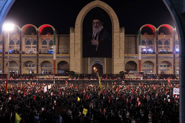 IRAN, TEHRAN - JULY 5, 2026: Mourners crowd outside the Grand Mosalla of Tehran (Imam Khomeini Mosalla of Tehran) during the state funeral of Iranian Supreme Leader Ayatollah Ali Khamenei (1939-2026). Khamenei was killed in a joint US-Israeli airstrike on February 28. Valery Sharifulin TASS  94665624