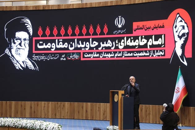 Iranian President Masoud Pezeshkian TEHRAN, IRAN - JULY 04: ( RESTRICTIONS: NO Access Israel Media Persian Language TV Stations Outside Iran Strictly No Access BBC Persian VOA Persian Manoto TV Iran International TV ) (----EDITORIAL USE ONLY – MANDATORY CREDIT - IRANIAN PRESIDENCY HANDOUT - NO MARKETING NO ADVERTISING CAMPAIGNS - DISTRIBUTED AS A SERVICE TO CLIENTS----) Iranian President Masoud Pezeshkian delivers a speech during the Leader of Resistance: Imam Khomeini International Conference in Tehran, Iran, on July 4, 2026. During his address, Pezeshkian said Israel had attacked all countries in the region and was the source of regional instability. Iranian Presidency Handout Anadolu Tehran Iran. Editorial use only. Please get  Copyright: x2026xAnadoluxIranianxPresidencyx xHandoutx