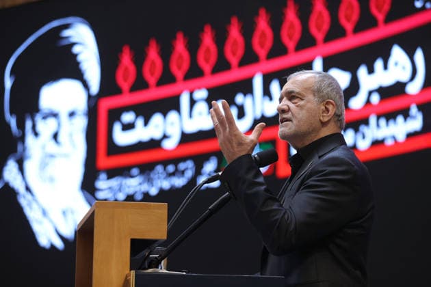 Iranian President Masoud Pezeshkian TEHRAN, IRAN - JULY 04: ( RESTRICTIONS: NO Access Israel Media Persian Language TV Stations Outside Iran Strictly No Access BBC Persian VOA Persian Manoto TV Iran International TV ) (----EDITORIAL USE ONLY – MANDATORY CREDIT - IRANIAN PRESIDENCY HANDOUT - NO MARKETING NO ADVERTISING CAMPAIGNS - DISTRIBUTED AS A SERVICE TO CLIENTS----)Iranian President Masoud Pezeshkian delivers a speech during the Leader of Resistance: Imam Khomeini International Conference in Tehran, Iran, on July 4, 2026. During his address, Pezeshkian said Israel had attacked all countries in the region and was the source of regional instability. Iranian Presidency Handout Anadolu Tehran Iran. Editorial use only. Please get i  Copyright: x2026xAnadoluxIranianxPresidencyx xHandoutx