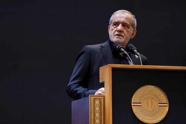 Iranian President Masoud Pezeshkian TEHRAN, IRAN - JULY 04: ( RESTRICTIONS: NO Access Israel Media Persian Language TV Stations Outside Iran Strictly No Access BBC Persian VOA Persian Manoto TV Iran International TV ) (----EDITORIAL USE ONLY – MANDATORY CREDIT - IRANIAN PRESIDENCY HANDOUT - NO MARKETING NO ADVERTISING CAMPAIGNS - DISTRIBUTED AS A SERVICE TO CLIENTS----) Iranian President Masoud Pezeshkian delivers a speech during the Leader of Resistance: Imam Khomeini International Conference in Tehran, Iran, on July 4, 2026. During his address, Pezeshkian said Israel had attacked all countries in the region and was the source of regional instability. Iranian Presidency Handout Anadolu Tehran Iran. Editorial use only. Please get  Copyright: x2026xAnadoluxIranianxPresidencyx xHandoutx
