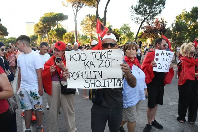 Protests continue over Zvernec tourism project TIRANA, ALBANIA - JULY 04: People take part in a protest under the slogan Albania is not for sale at Skanderbeg Square in Tirana, Albania, on July 4, 2026, opposing a planned tourism development project in the Zvernec area near Vlora. Demonstrators protested the proposed sale of a beach as part of a tourism project reportedly linked to U.S. President Donald Trump s daughter Ivanka Trump and son-in-law Jared Kushner before marching to the Prime Ministry building and through the streets of the capital. Olsi Shehu Anadolu Tirana Albania. Editorial use only. Please get in touch for any other usage.  Copyright: x2026xAnadoluxOlsixShehux
