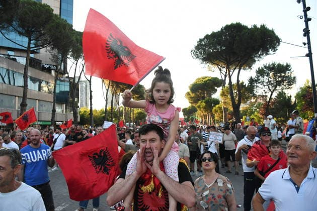 Protests continue over Zvernec tourism project TIRANA, ALBANIA - JULY 04: People take part in a protest under the slogan Albania is not for sale at Skanderbeg Square in Tirana, Albania, on July 4, 2026, opposing a planned tourism development project in the Zvernec area near Vlora. Demonstrators protested the proposed sale of a beach as part of a tourism project reportedly linked to U.S. President Donald Trump s daughter Ivanka Trump and son-in-law Jared Kushner before marching to the Prime Ministry building and through the streets of the capital. Olsi Shehu Anadolu Tirana Albania. Editorial use only. Please get in touch for any other usage.  Copyright: x2026xAnadoluxOlsixShehux