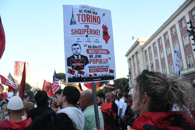 Protests continue over Zvernec tourism project TIRANA, ALBANIA - JULY 04: People take part in a protest under the slogan Albania is not for sale at Skanderbeg Square in Tirana, Albania, on July 4, 2026, opposing a planned tourism development project in the Zvernec area near Vlora. Demonstrators protested the proposed sale of a beach as part of a tourism project reportedly linked to U.S. President Donald Trump s daughter Ivanka Trump and son-in-law Jared Kushner before marching to the Prime Ministry building and through the streets of the capital. Olsi Shehu Anadolu Tirana Albania. Editorial use only. Please get in touch for any other usage.  Copyright: x2026xAnadoluxOlsixShehux