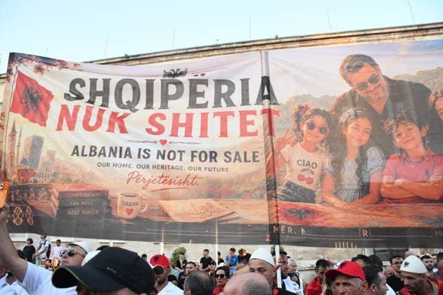 Protests continue over Zvernec tourism project TIRANA, ALBANIA - JULY 04: People take part in a protest under the slogan Albania is not for sale at Skanderbeg Square in Tirana, Albania, on July 4, 2026, opposing a planned tourism development project in the Zvernec area near Vlora. Demonstrators protested the proposed sale of a beach as part of a tourism project reportedly linked to U.S. President Donald Trump s daughter Ivanka Trump and son-in-law Jared Kushner before marching to the Prime Ministry building and through the streets of the capital. Olsi Shehu Anadolu Tirana Albania. Editorial use only. Please get in touch for any other usage.  Copyright: x2026xAnadoluxOlsixShehux