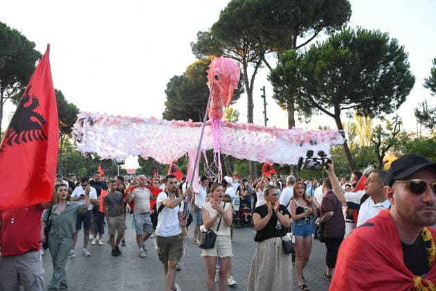 Protests continue over Zvernec tourism project TIRANA, ALBANIA - JULY 04: People take part in a protest under the slogan Albania is not for sale at Skanderbeg Square in Tirana, Albania, on July 4, 2026, opposing a planned tourism development project in the Zvernec area near Vlora. Demonstrators protested the proposed sale of a beach as part of a tourism project reportedly linked to U.S. President Donald Trump s daughter Ivanka Trump and son-in-law Jared Kushner before marching to the Prime Ministry building and through the streets of the capital. Olsi Shehu Anadolu Tirana Albania. Editorial use only. Please get in touch for any other usage.  Copyright: x2026xAnadoluxOlsixShehux