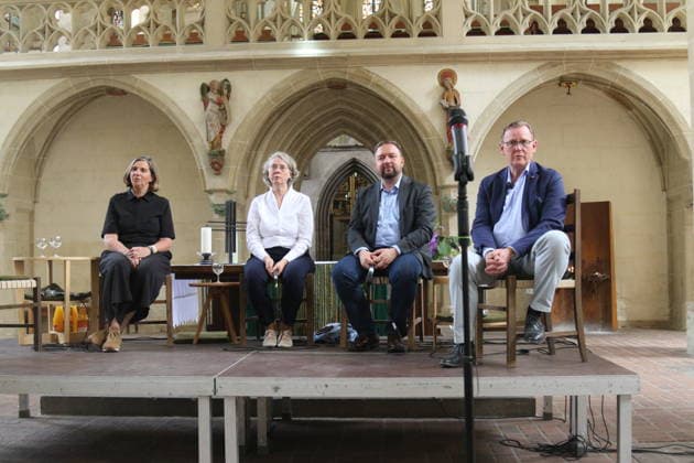 Katrin Göring-Eckardt, Ulrike Greim, Michael Hose und Bodo Ramelow bei der Podiumsdiskussion zum Aufruf Erfurt - Stadt der Freiheit, der Verantwortung und der Demokratie in der Erfurter in der Predigerkirche. Erfurt, 04.07.2026. Die Veranstaltung war Teil des zivilgesellschaftlichen Festes der Demokratie, welches im Kontext der zeitgleich stattfindenden AfD-Bundesparteitage und der damit verbundenen Großdemonstrationen in der Stadt organisiert wurde. *** Katrin Göring Eckardt, Ulrike Greim, Michael Hose, and Bodo Ramelow at the panel discussion on the Erfurt: City of Freedom, Responsibility, and Democracy initiative, held at the Predigerkirche in Erfurt, July 4, 2026. The event was part of the civil society Festival of Copyright: xAgenturxMatthiasxWehnertx xM.xGränzdörferx