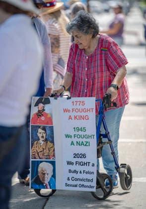 July 4, 2026, Santa Barbara, California, USA: Protestors gather to denouce President Trump and his administration on the nation s 250th anniversary of the Declaration of Independence. Santa Barbara USA - ZUMAh13_ 20260704_zaf_h13_006 Copyright: xPJxHellerx