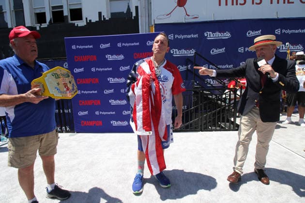 July 4, 2026, Brooklyn, New York, USA: Coney Island, New York July 4, 2026..Nathan s Hot Dog eating contest..The Nathan s Famous International Hot Dog Eating Contest is an annual American hot dog competitive eating competition held on July 4th... Miki Sudo ,& Joey Chestnut defended their tittles at the 2026 competition. Joey Chestnut ate 66 Hot Dogs and Miki Sudo ate 38.75 Hot Dogs. Brooklyn USA  - ZUMAct2_ 20260704_faf_ct2_057 Copyright: xBrucexCotlerx